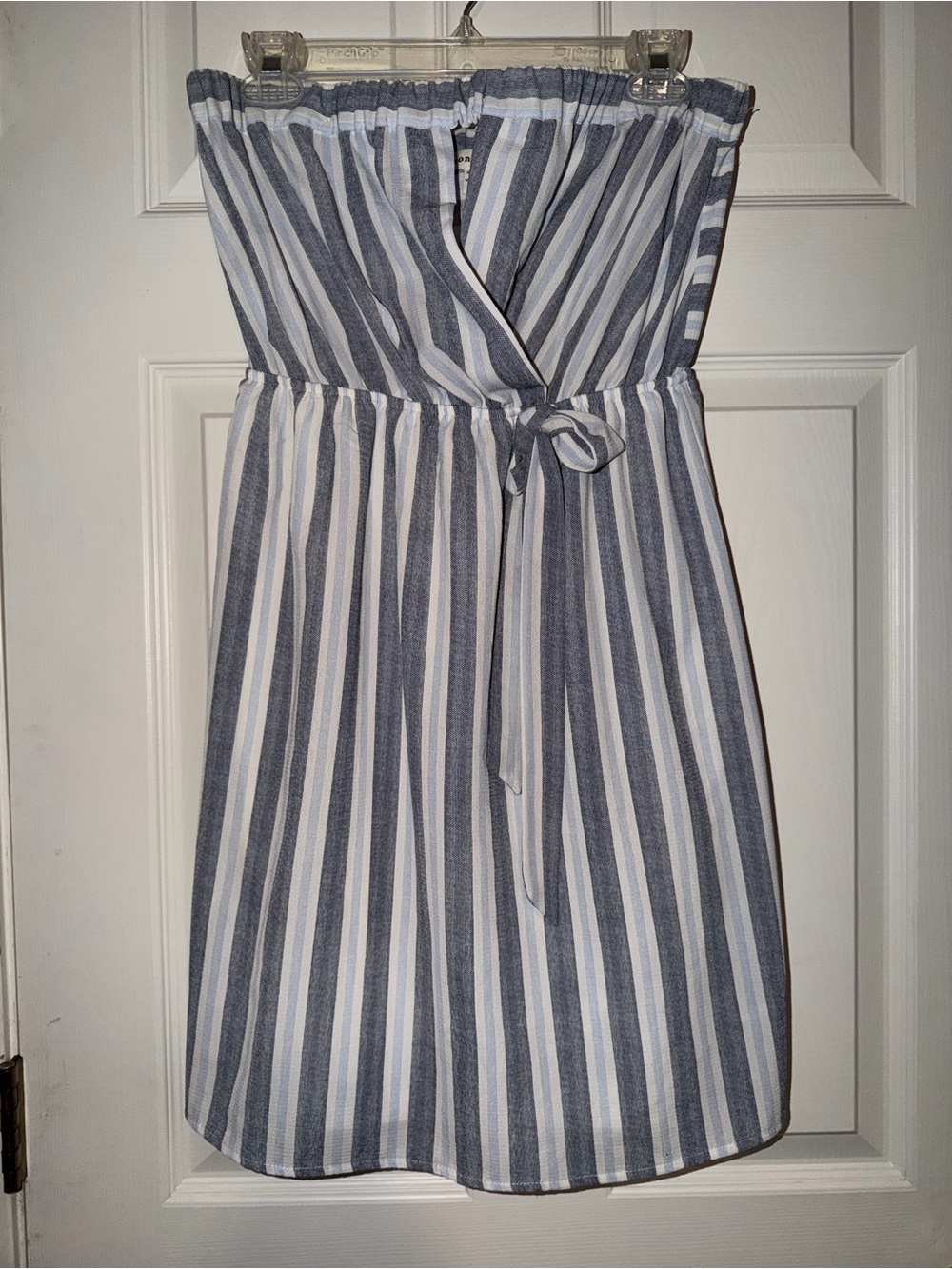 Monteau Blue & White Striped Strapless Dress With Peephole and Bow